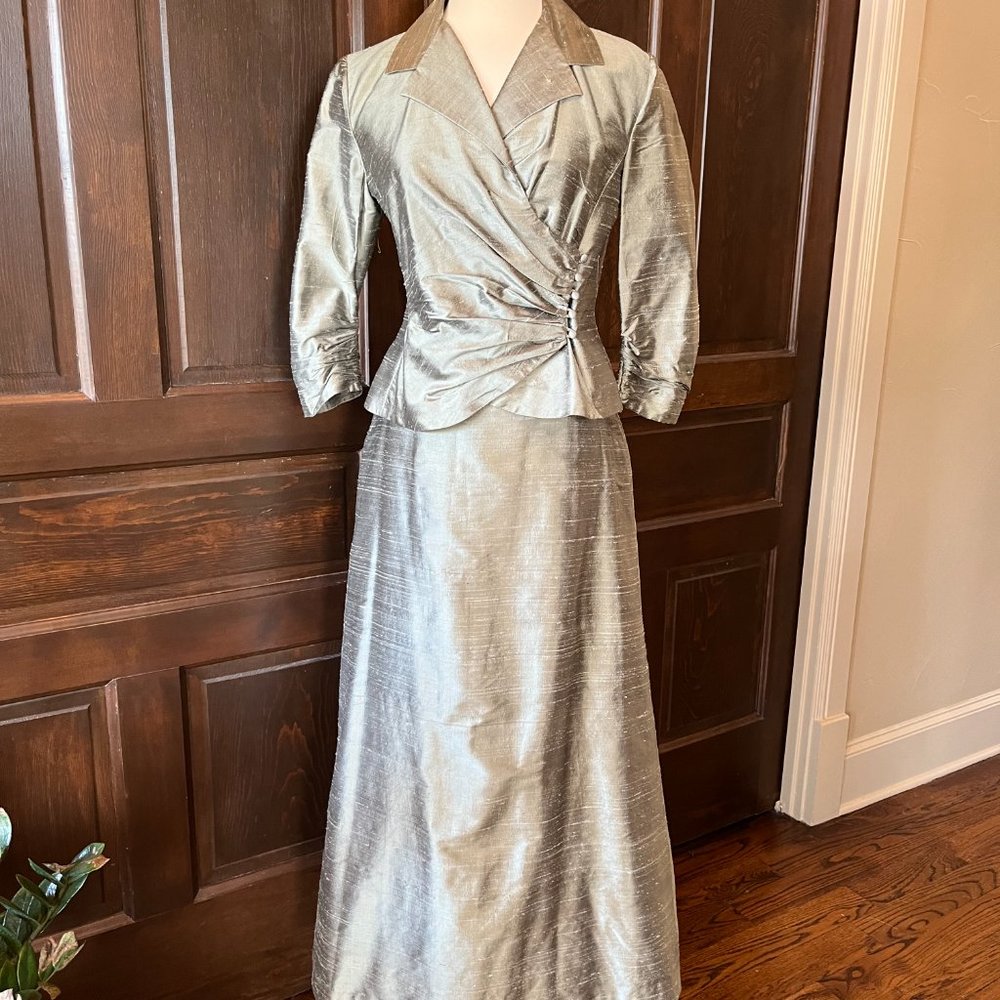 Watters Vintage Dupioni Silk Skirt Set Green Maxi Formal Mother of Bride Sz 6 - Picture 3 of 13